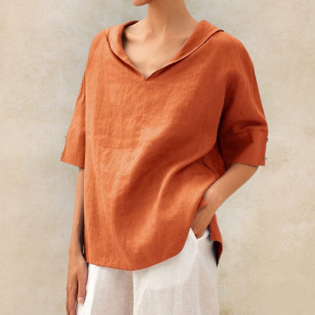 Women's V-neck casual linen shirt with relaxed fit, classic design, lightweight fabric, perfect for versatile styling.