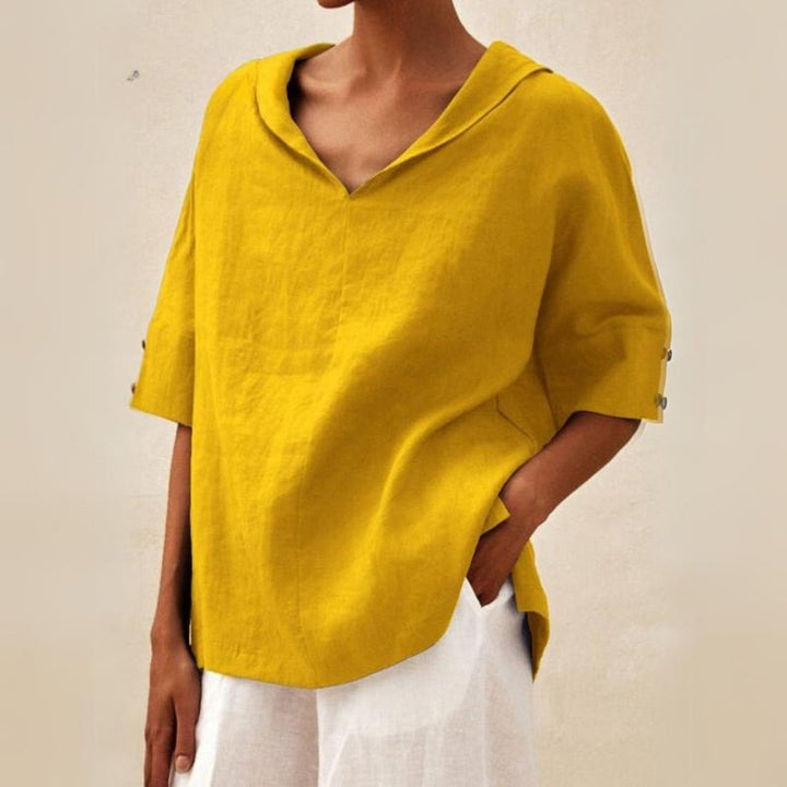 Women's V-neck casual linen shirt with relaxed fit, classic design, lightweight fabric, perfect for versatile styling.