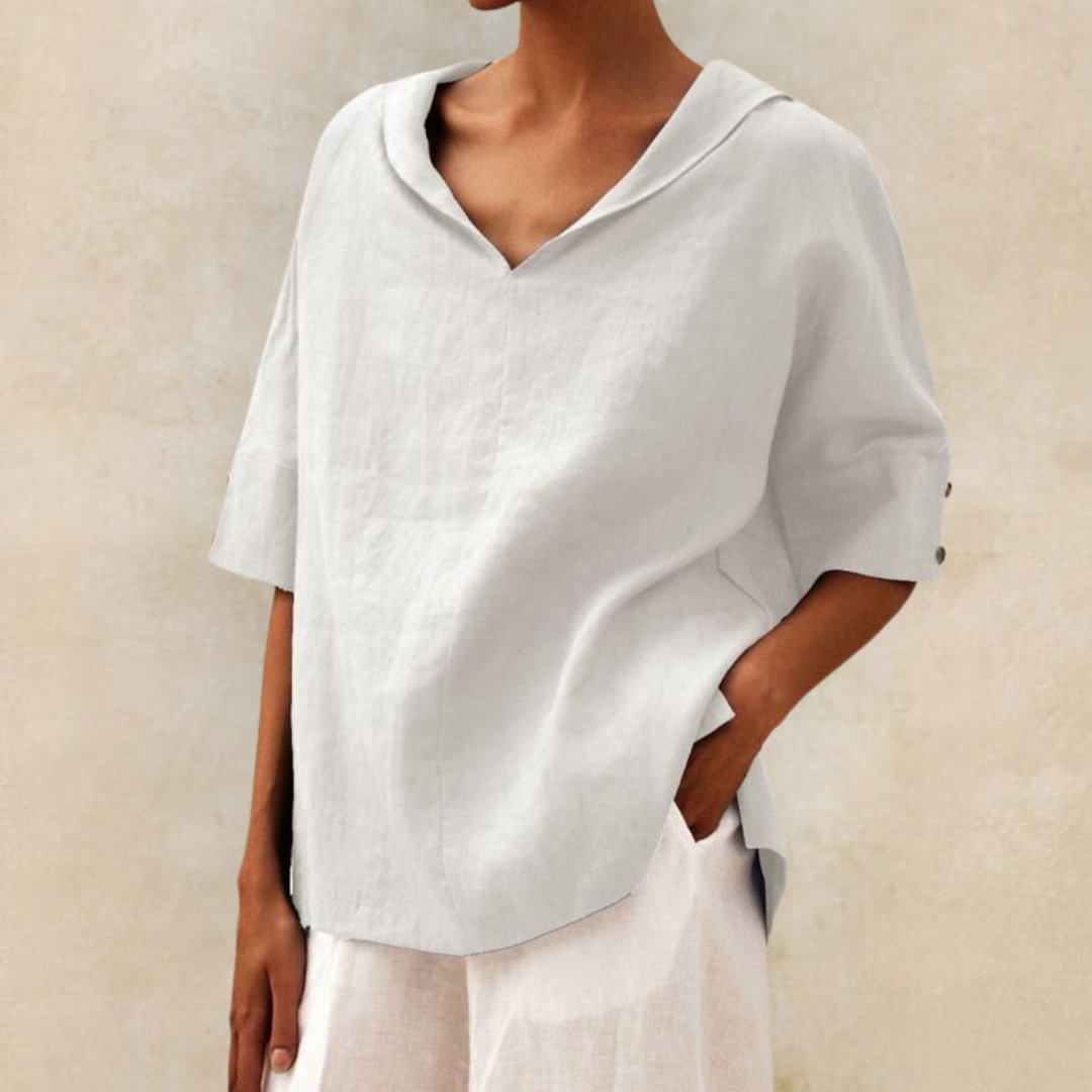 Women's V-neck casual linen shirt with relaxed fit, classic design, lightweight fabric, perfect for versatile styling.