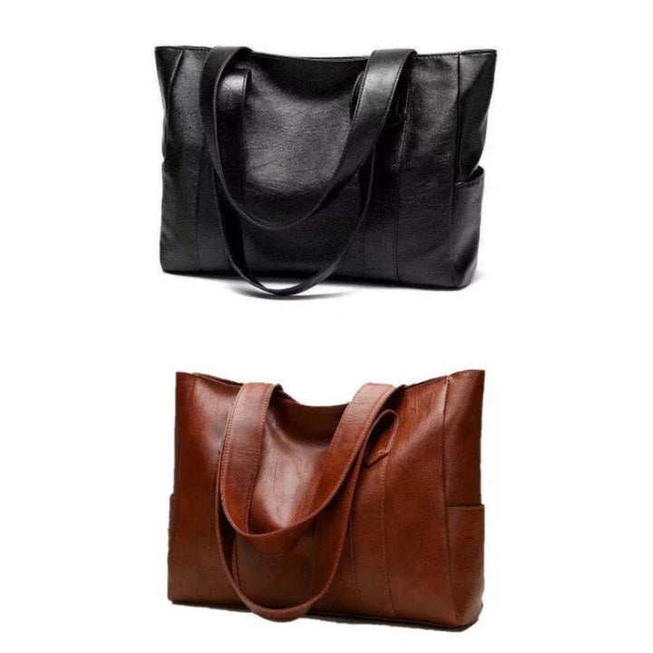 "Women's vintage leather shoulder bag, large capacity, sleek silhouette, elegant brown finish, perfect for daily use."