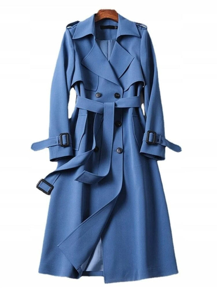 "Women's vintage trench coat with modern details, featuring a classic silhouette, defined waistline, and stylish accents."