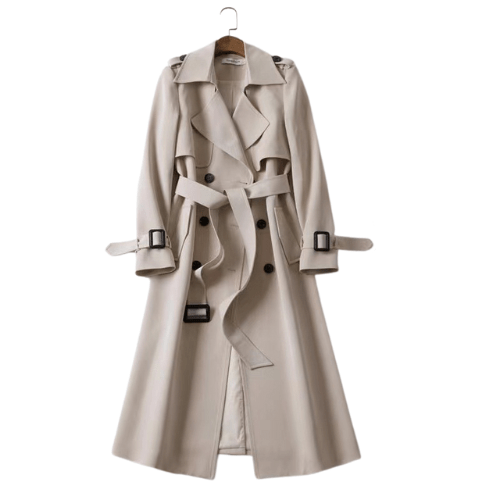"Women's vintage trench coat with modern details, featuring a classic silhouette, defined waistline, and stylish accents."