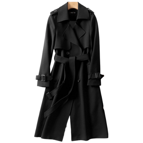 "Women's vintage trench coat with modern details, featuring a classic silhouette, defined waistline, and stylish accents."