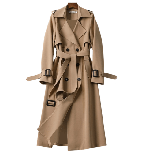 "Women's vintage trench coat with modern details, featuring a classic silhouette, defined waistline, and stylish accents."
