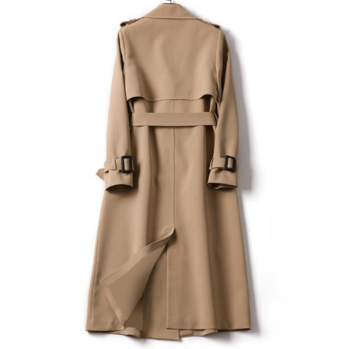 "Women's vintage trench coat with modern details, featuring a classic silhouette, defined waistline, and stylish accents."
