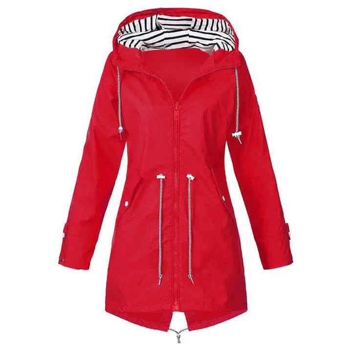 "Women's waterproof rain jacket with hood, hip-length, solid color, front view showing sleek classic design."