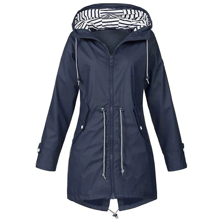"Women's waterproof rain jacket with hood, hip-length, solid color, front view showing sleek classic design."