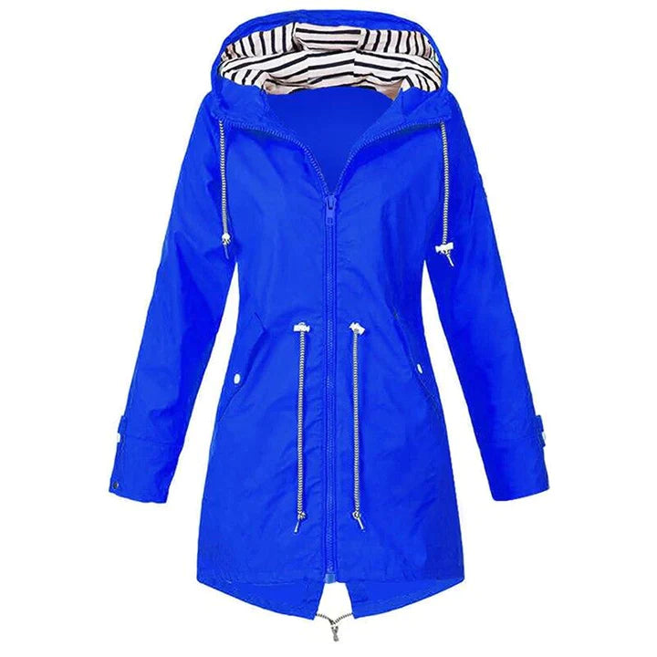 "Women's waterproof rain jacket with hood, hip-length, solid color, front view showing sleek classic design."