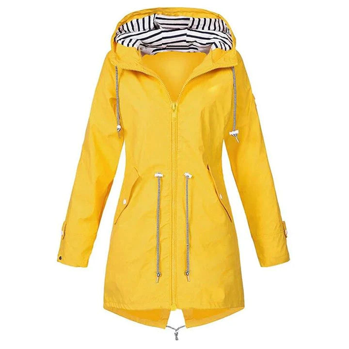 "Women's waterproof rain jacket with hood, hip-length, solid color, front view showing sleek classic design."