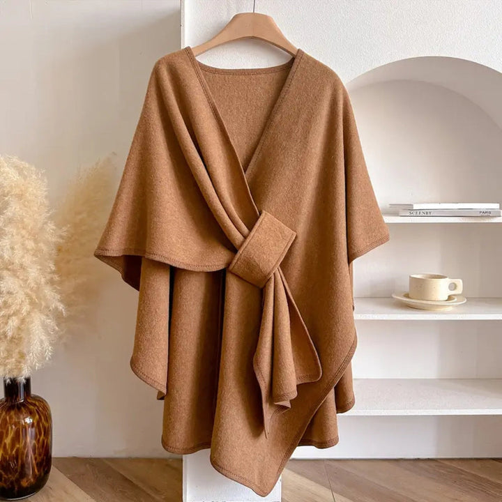 "Women's windproof poncho shawl coat with flowing silhouette in solid color, open front, perfect for fall and winter outfits.