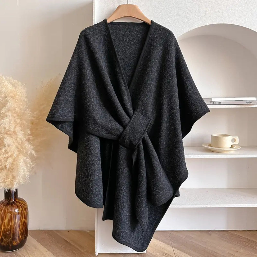 "Women's windproof poncho shawl coat with flowing silhouette in solid color, open front, perfect for fall and winter outfits.