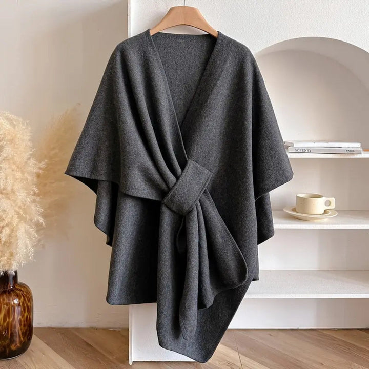 "Women's windproof poncho shawl coat with flowing silhouette in solid color, open front, perfect for fall and winter outfits.