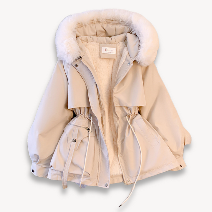 Women's winter parka with removable hood, adjustable waist, in beige. Perfect for warmth and style in cold weather.