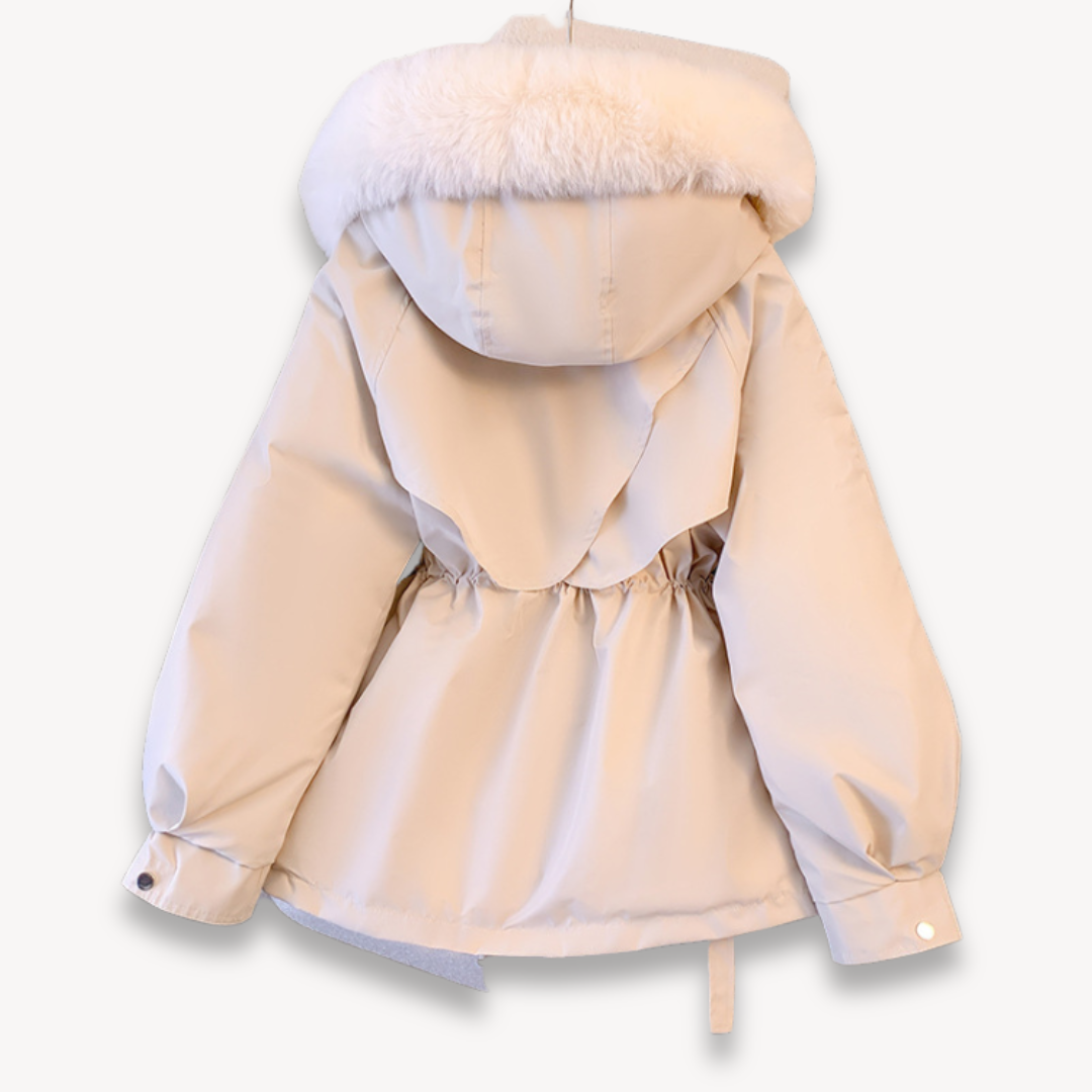 Women's winter parka with removable hood, adjustable waist, in beige. Perfect for warmth and style in cold weather.
