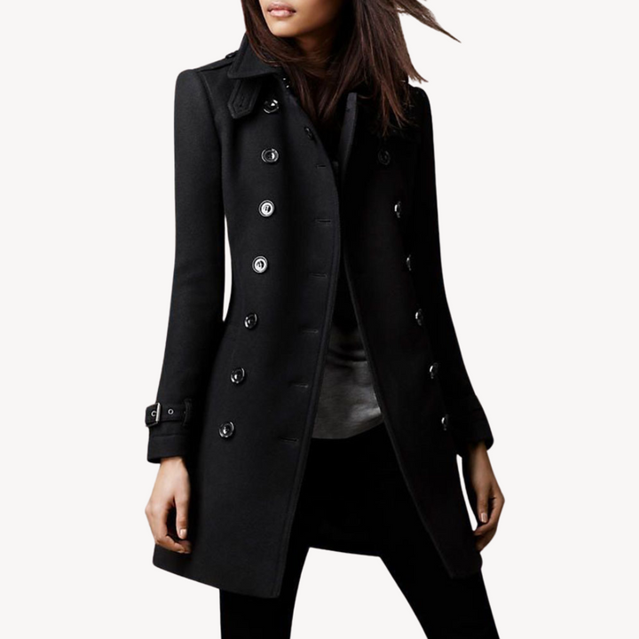 Women's wool peacoat, double-breasted, mid-length, classic black or dark red, elegant design for sophisticated warmth.