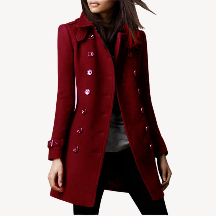Women's wool peacoat, double-breasted, mid-length, classic black or dark red, elegant design for sophisticated warmth.