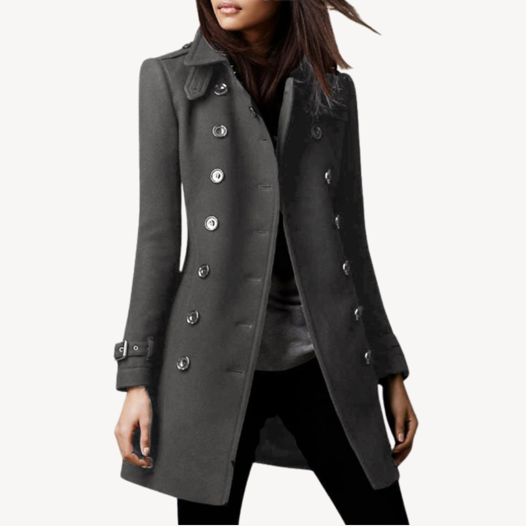 Women's wool peacoat, double-breasted, mid-length, classic black or dark red, elegant design for sophisticated warmth.