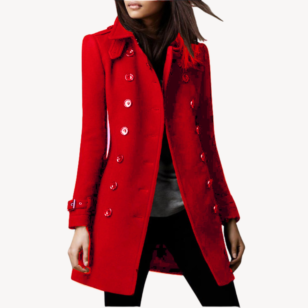 Women's wool peacoat, double-breasted, mid-length, classic black or dark red, elegant design for sophisticated warmth.