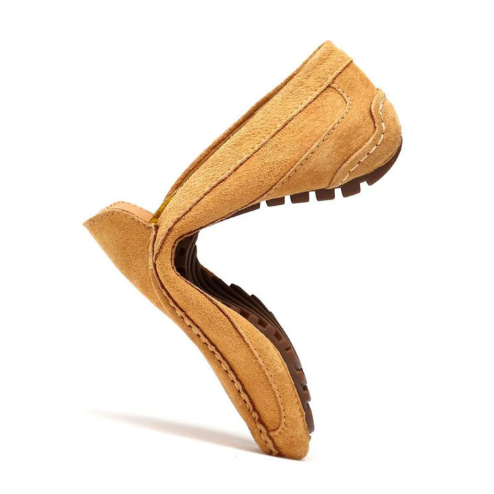 "Yellow suede orthopedic men's driving loafers, slip-on design with almond toe and flexible outsole for comfort and functiona