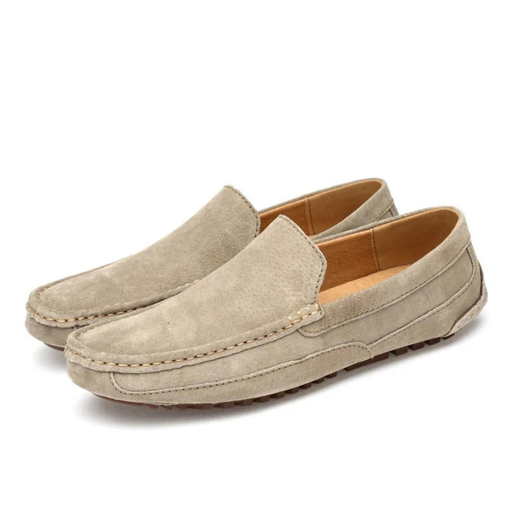 "Yellow suede orthopedic men's driving loafers, slip-on design with almond toe and flexible outsole for comfort and functiona
