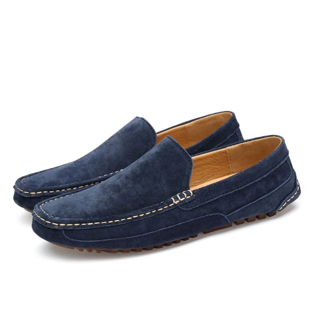 "Yellow suede orthopedic men's driving loafers, slip-on design with almond toe and flexible outsole for comfort and functiona