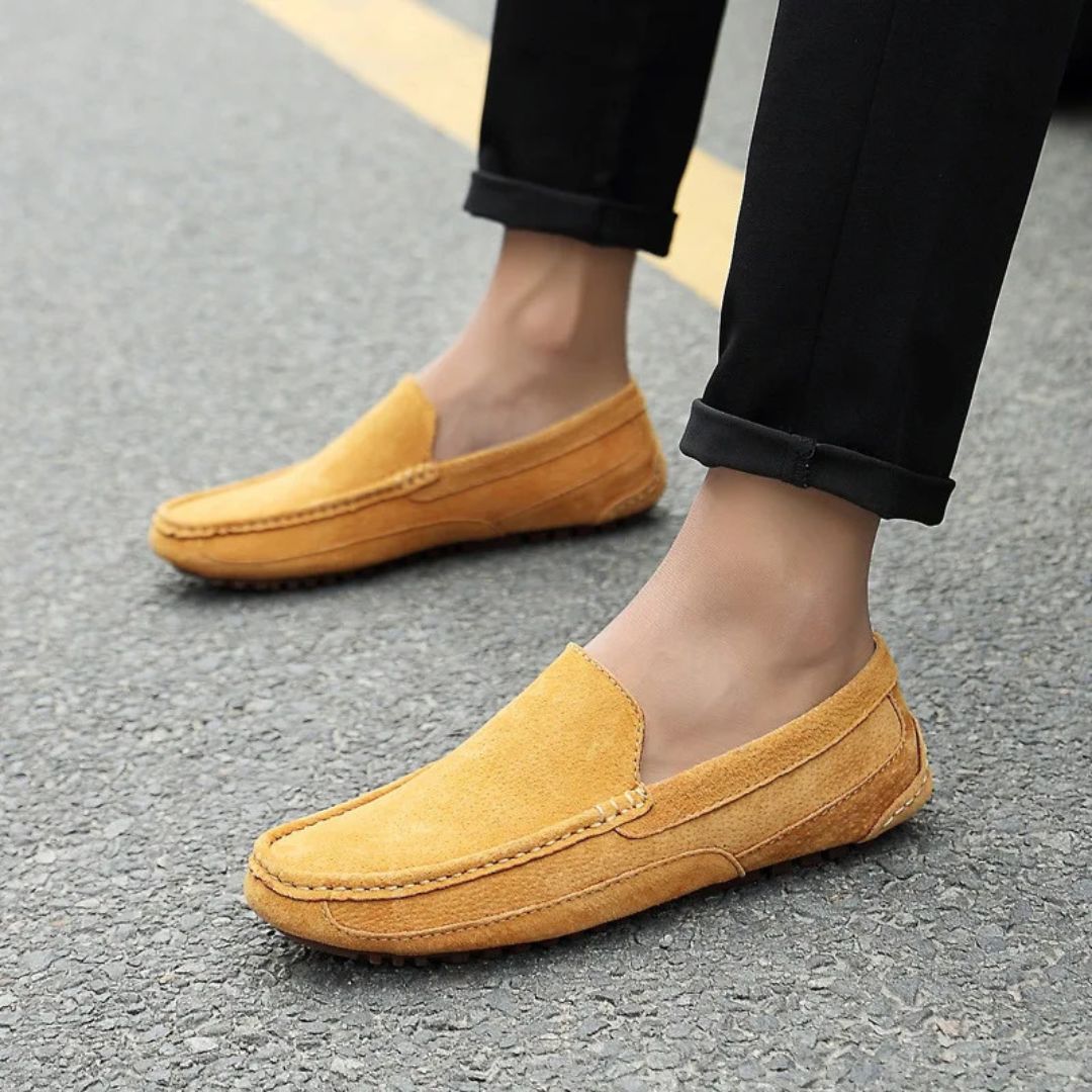 "Yellow suede orthopedic men's driving loafers, slip-on design with almond toe and flexible outsole for comfort and functiona