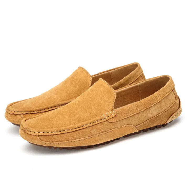 "Yellow suede orthopedic men's driving loafers, slip-on design with almond toe and flexible outsole for comfort and functiona