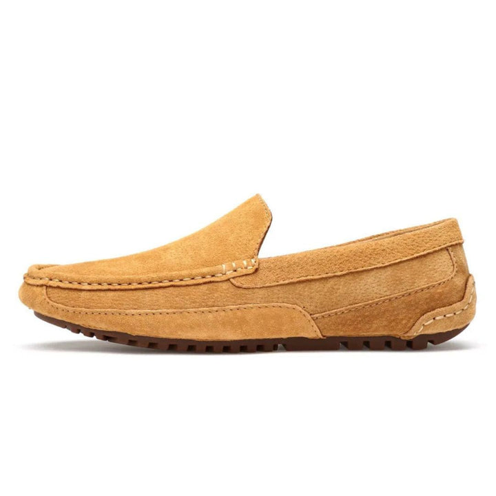 "Yellow suede orthopedic men's driving loafers, slip-on design with almond toe and flexible outsole for comfort and functiona