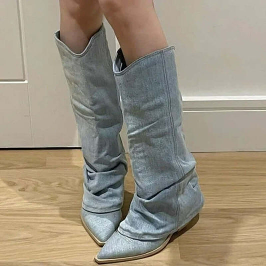 Women's Denim Knee-High Cowboy Boots