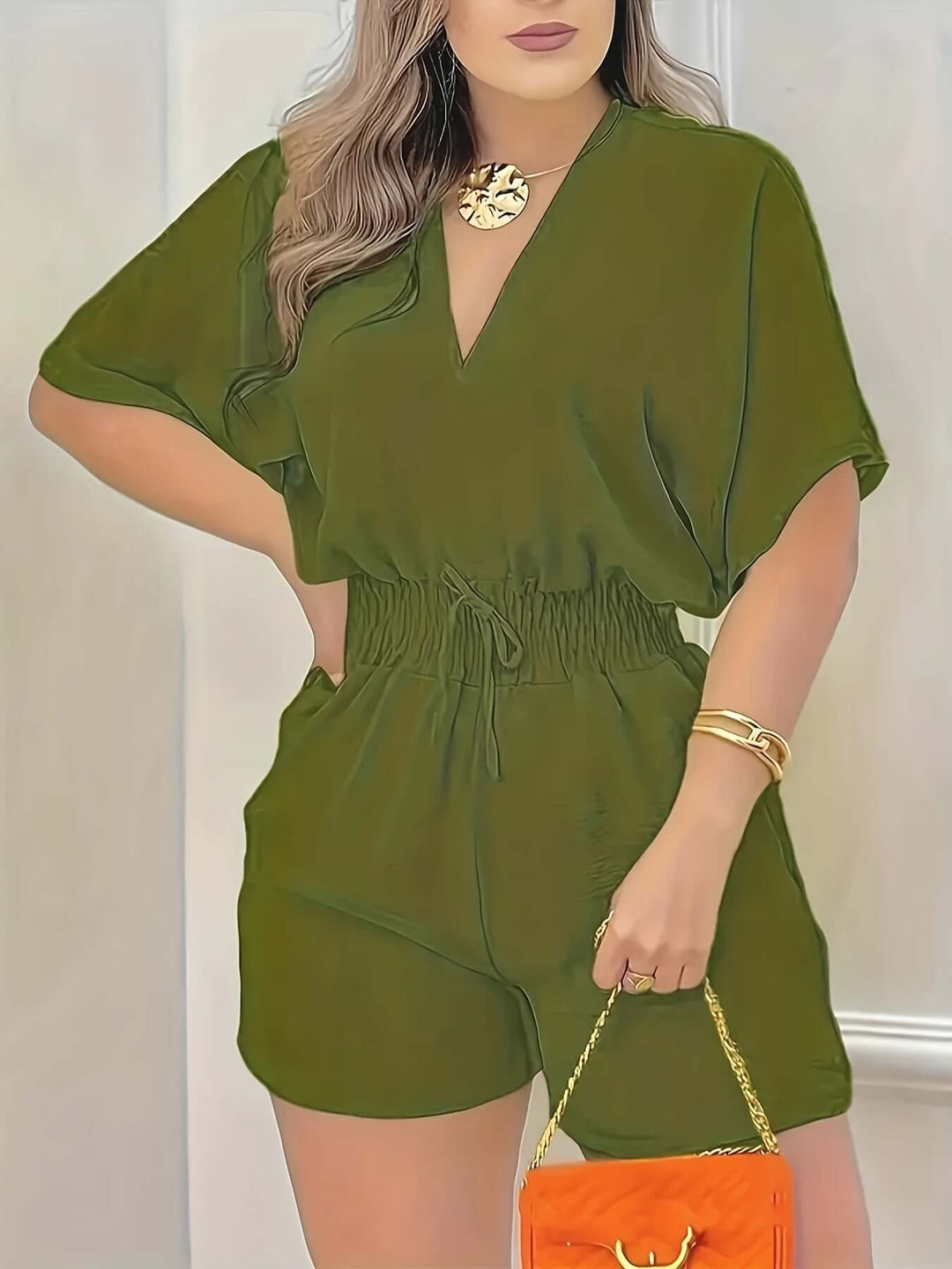 Shirred Waist Romper V-Neck Short Sleeve Jumpsuit