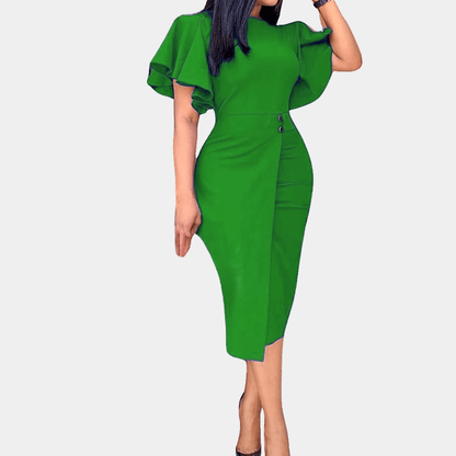 Women's Fitted Wrap Midi Dress with Ruffled Sleeves