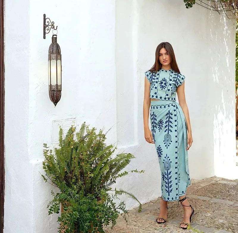 Embroidered Crop Top & Wrap Midi Skirt Set