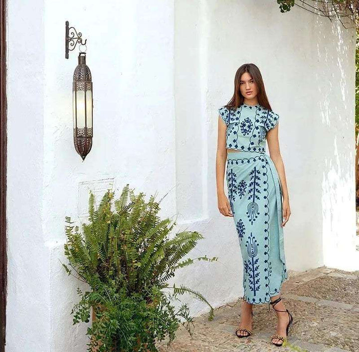 Embroidered Crop Top & Wrap Midi Skirt Set