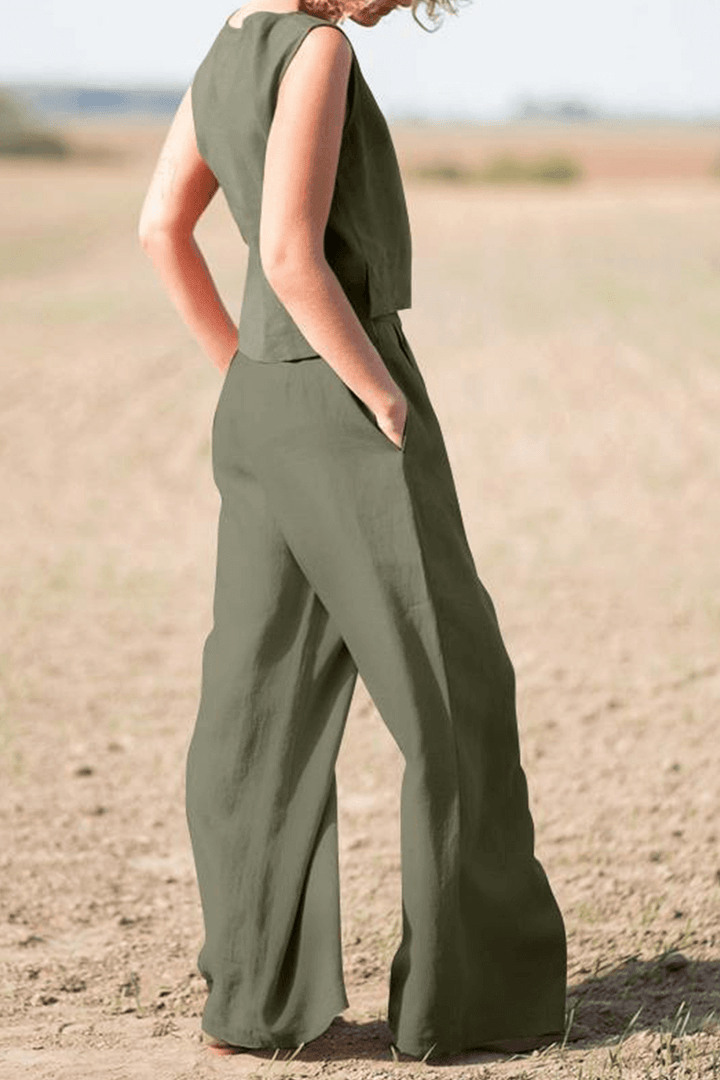 Women's Relaxed Fit Round Neck Top and Wide-Leg Pants Set