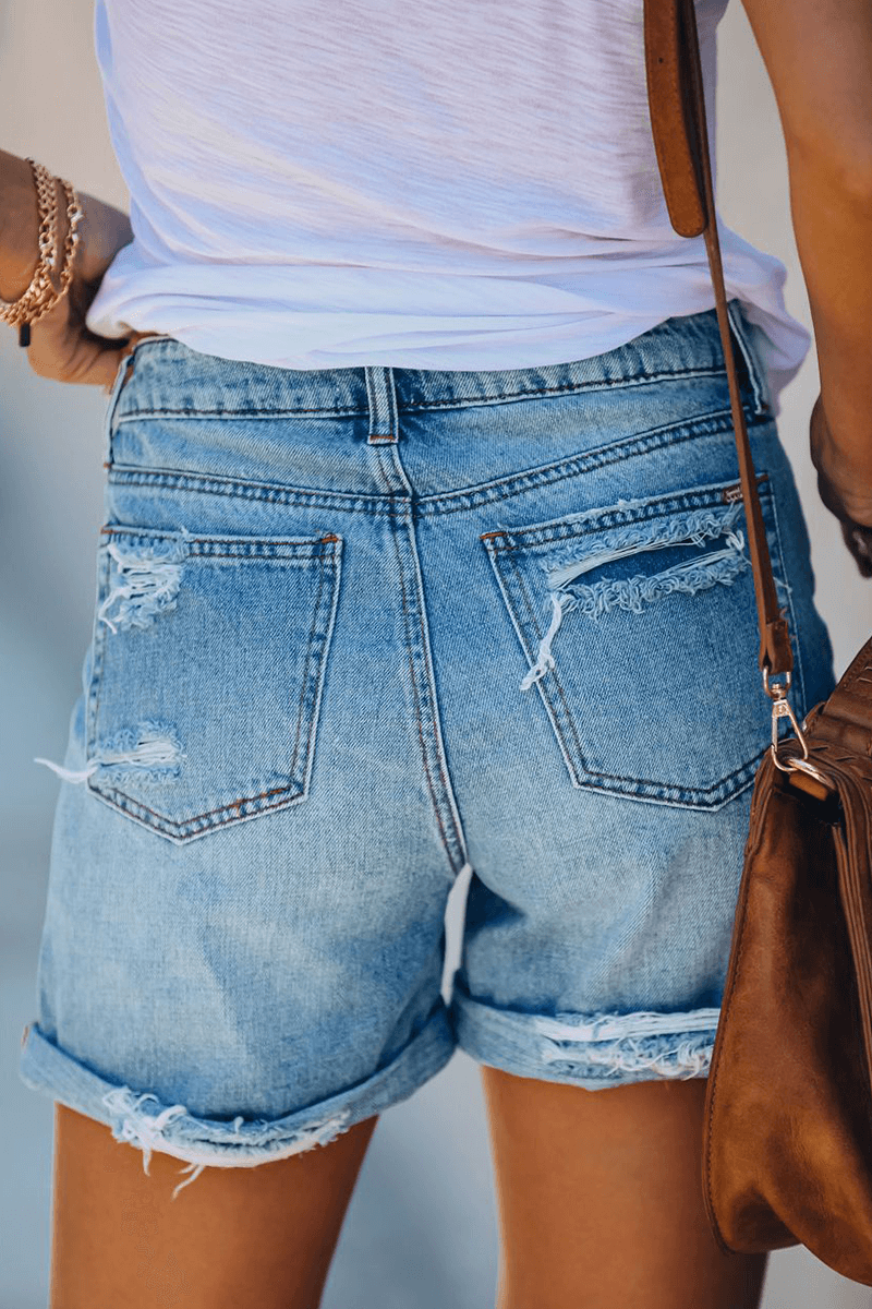 Women's Ripped Denim Shorts with Fringes