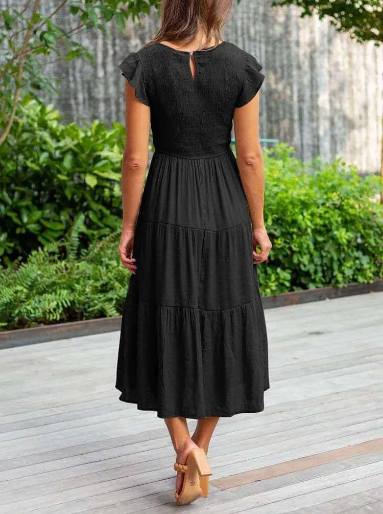 Women's Tiered Midi Dress with Flutter Sleeves