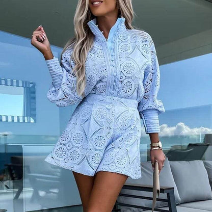 Women's Casual Long Sleeve Top and Shorts Set