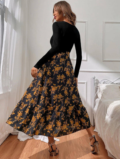 Floral A-Line Long Sleeve Dress