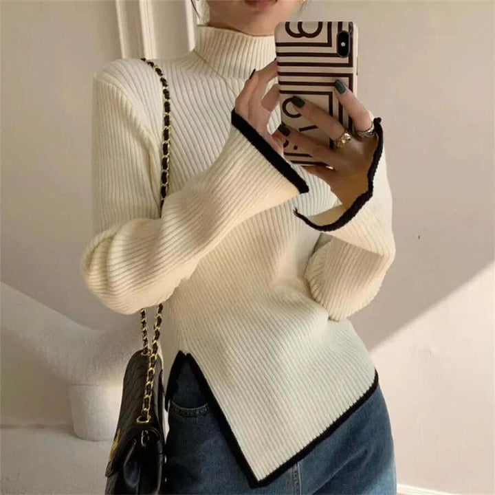 Women's Ribbed Turtleneck Sweater with Flared Sleeves