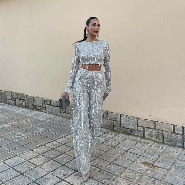 Women's Sequin Crop Top & Trousers Set