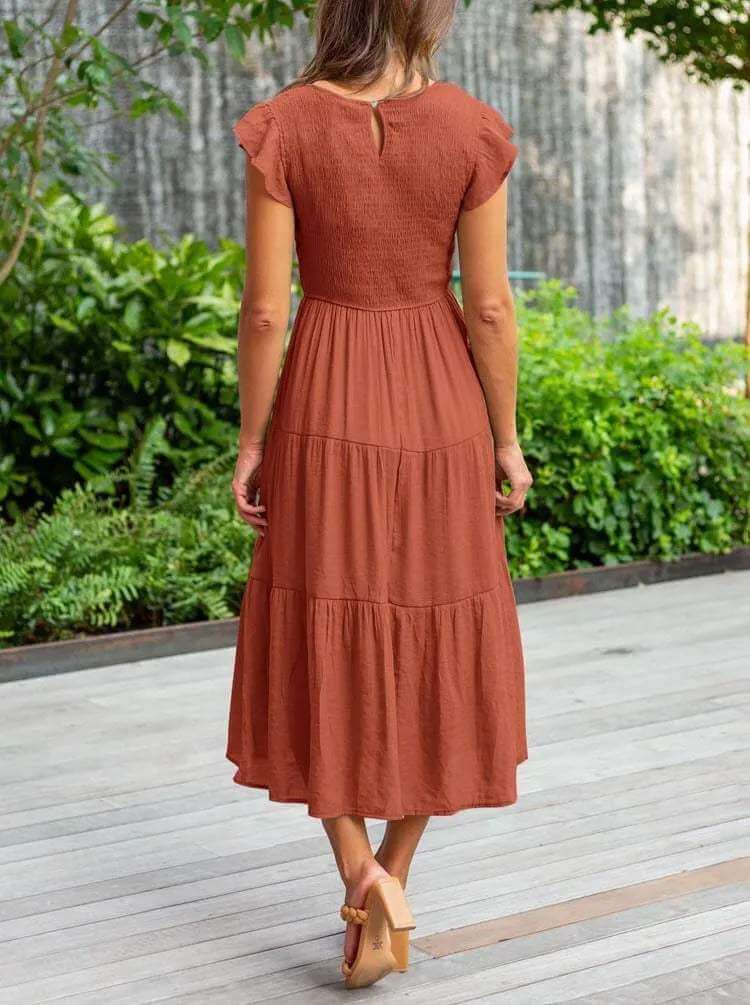 Women's Tiered Midi Dress with Flutter Sleeves