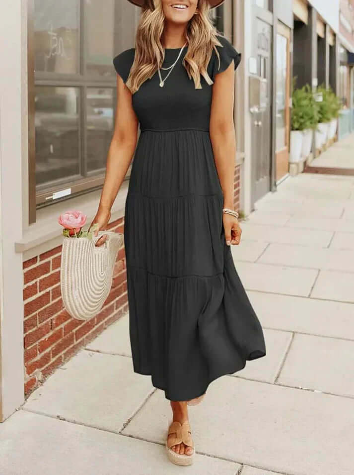Women's Pleated A-Line Midi Dress with Flying Sleeves