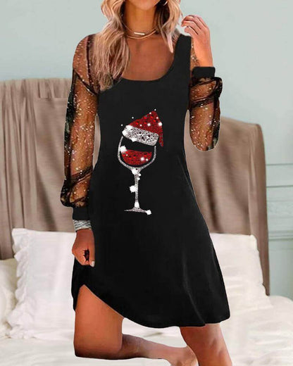 Women's Festive Wine Glass Print Dress