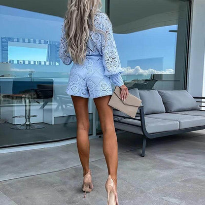 Women's Casual Long Sleeve Top and Shorts Set