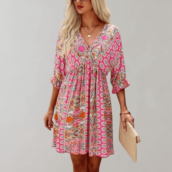 Bohemian Mini Dress with V-Neck