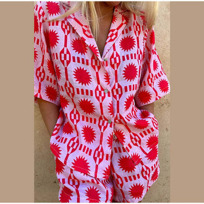 Women's Geometric Print Co-ord Set: Relaxed Shirt & Shorts