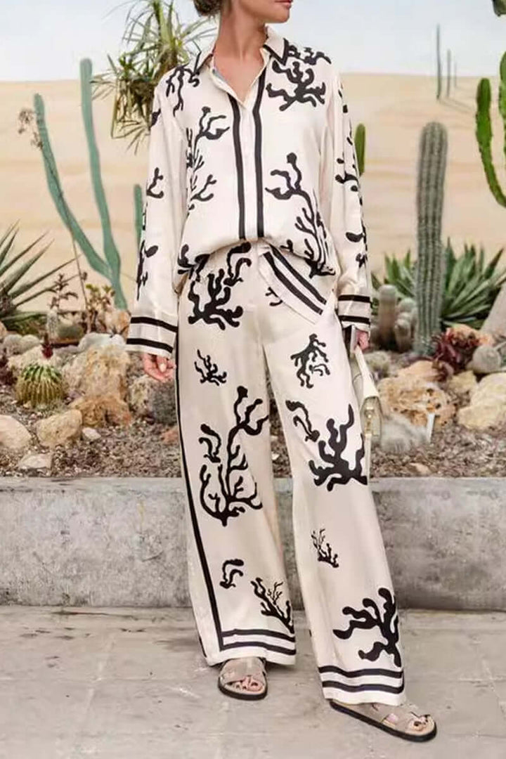Geometric Print Long Sleeve Top & wide-leg pants