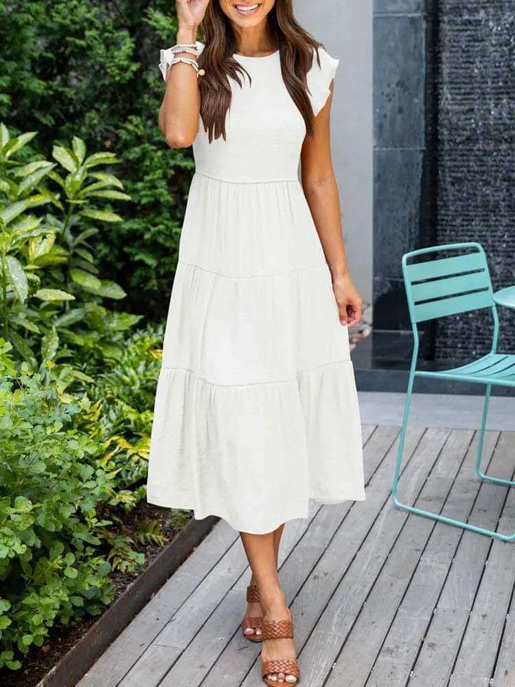 Women's Tiered Midi Dress with Flutter Sleeves