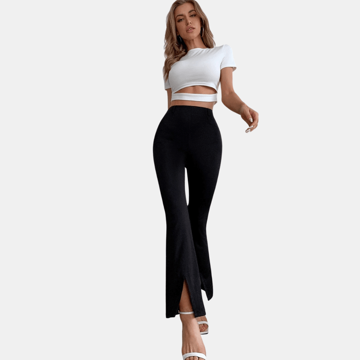 Women's High-Waisted Flare Trousers with Front Slit