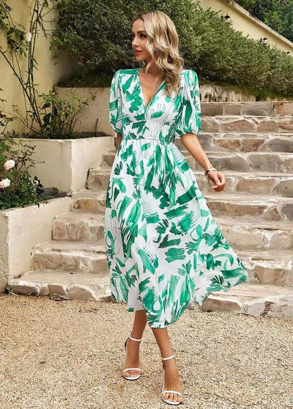 Women's Puff Sleeve Midi Dress with Cinched Waist